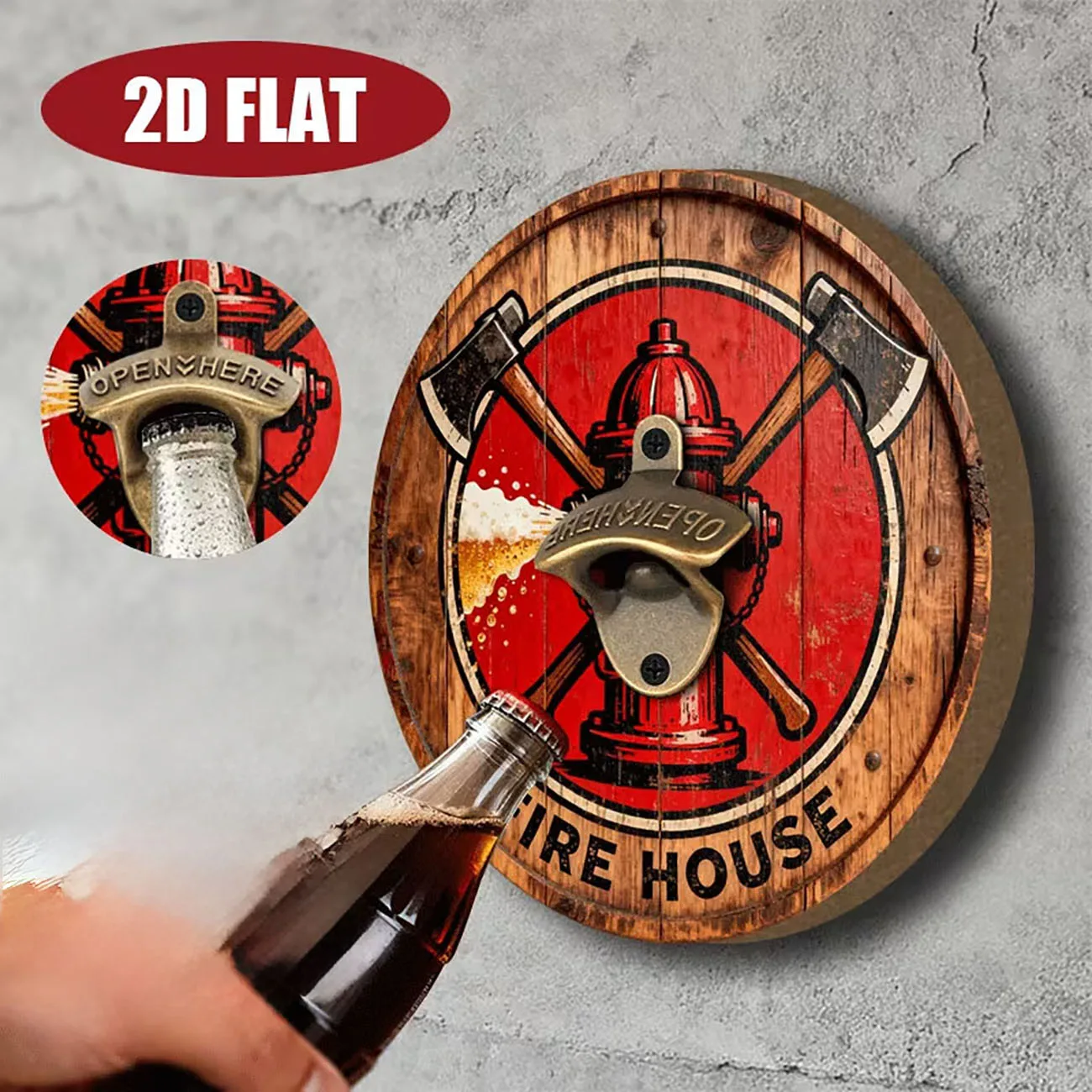 2D Flat Circular Wood Beer Opener, Vintage Firehouse Hydrant Axe Pattern Wall Plaque for Pub & Garage Home Decoration
