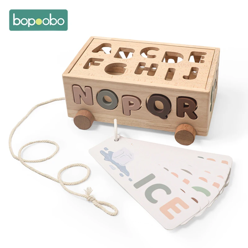 Baby Wooden Montessori Toys Silicone Alphabetic Blocks Wooden Car Stack Cognition Toy Hand-on Ability Educational Child Toys