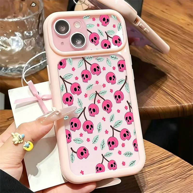 2026 NEW Gothic Pink Skull Cherry Print Phone Case For iPhone 11-17 Series, Large Clear Window Shockproof Soft TPU Cover