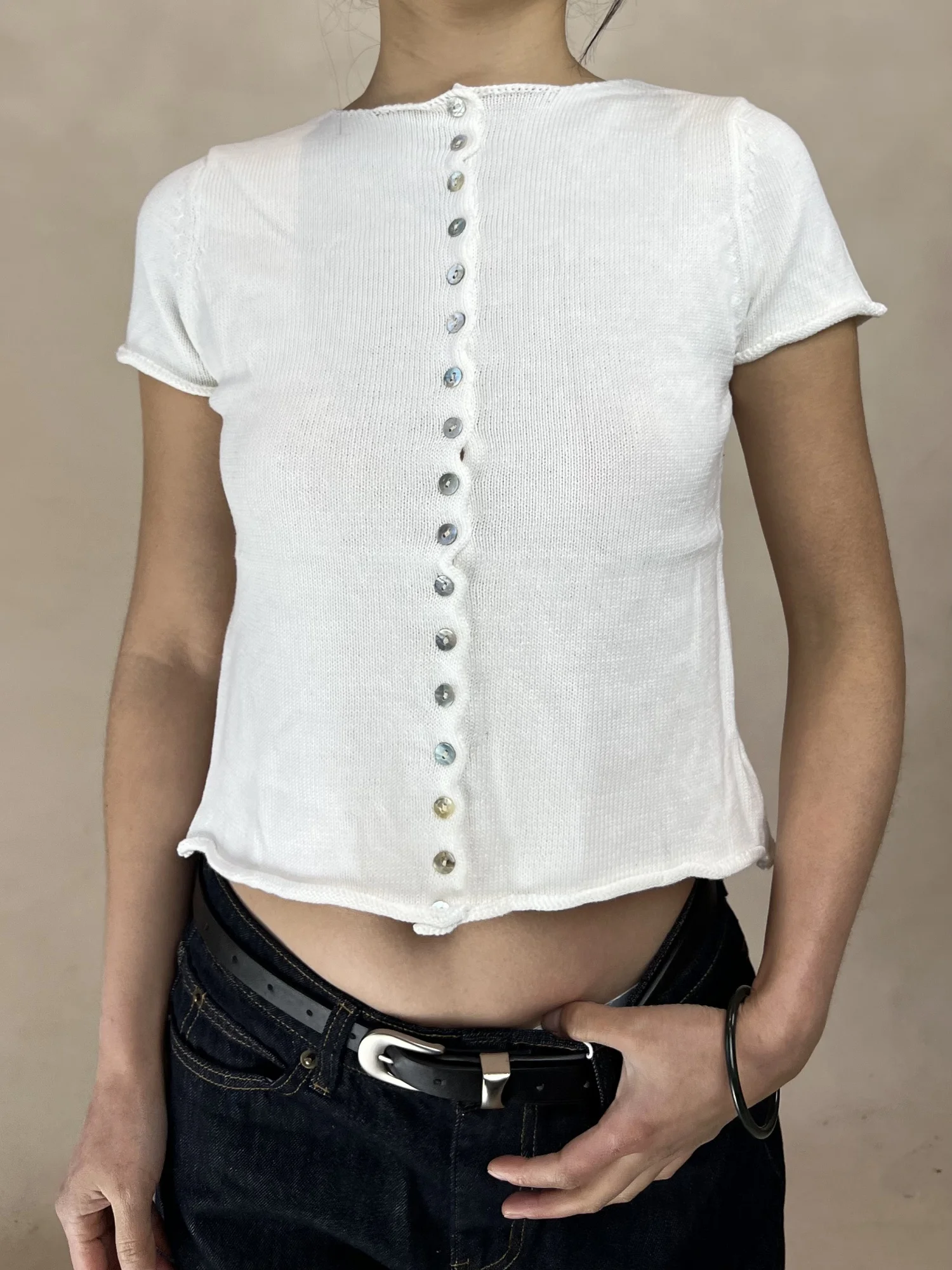 

DINA 2026 Spring Cotton Knitted Short Sleeve round Neck Top Women's Fashion Shoulder Length Pure Cotton Cardigan round Neck D...