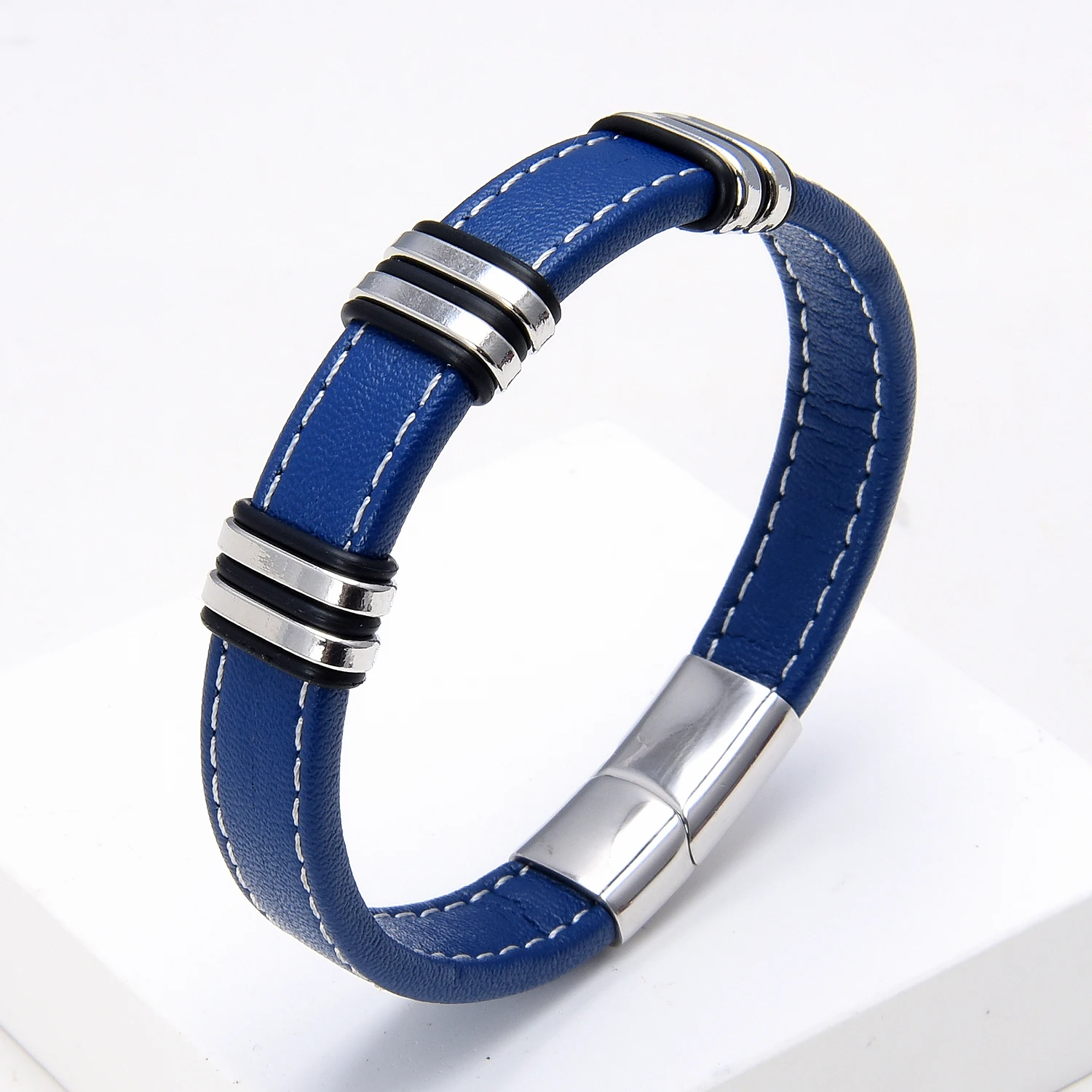 Retro Leather Bracelet Business Men's Charm Stainless Steel Accessory Jewelry Red Green Black Rope Chain Bracelet Homme