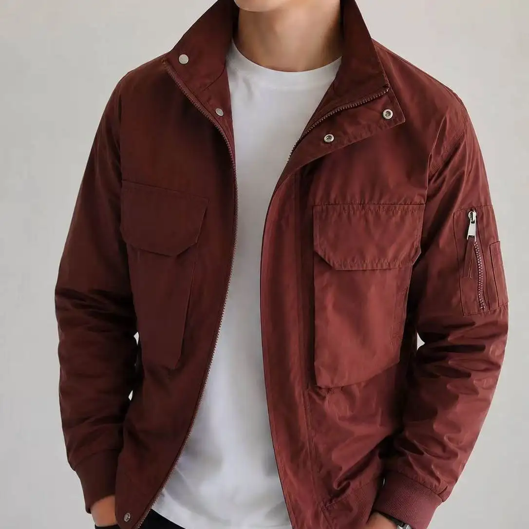 Brand Windproof Jacket Men's Zipper Stand Up Collar Large Pocket Bomber Jackets Solid Color Casual Business Social Coat Outwear