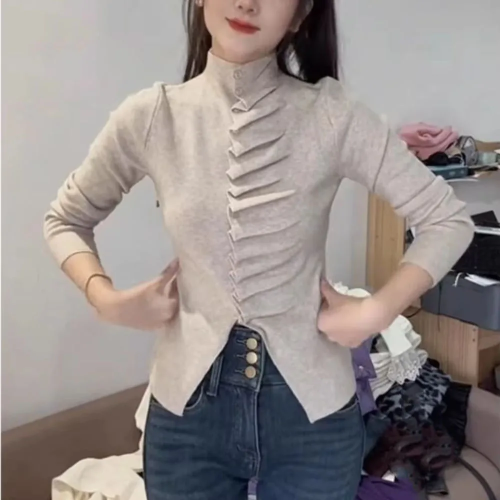 

Однотонный тонкий пуловер со рюшами Ropa Mujer, майка с воротником до половины и длинными рукавами, новые универсальные топы, дизайн Pull Femme