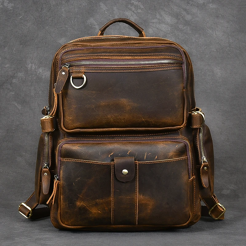 

Retro Crazy Horse Genuine Leather Men's Backpack Travel Bagpack Large Capacity 15.6"inch Laptop Bag Schoolbag Rucksack Vintage