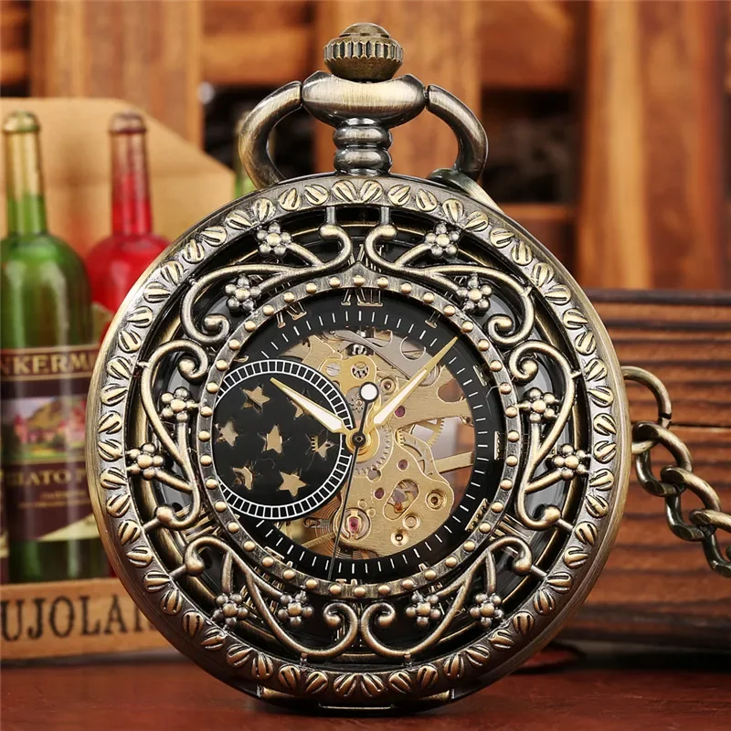 Vintage Style Hollow Out Flower Case Men Women Handwinding Mechanical Pocket Watch Roman Number Clock with Fob Pendant Chain