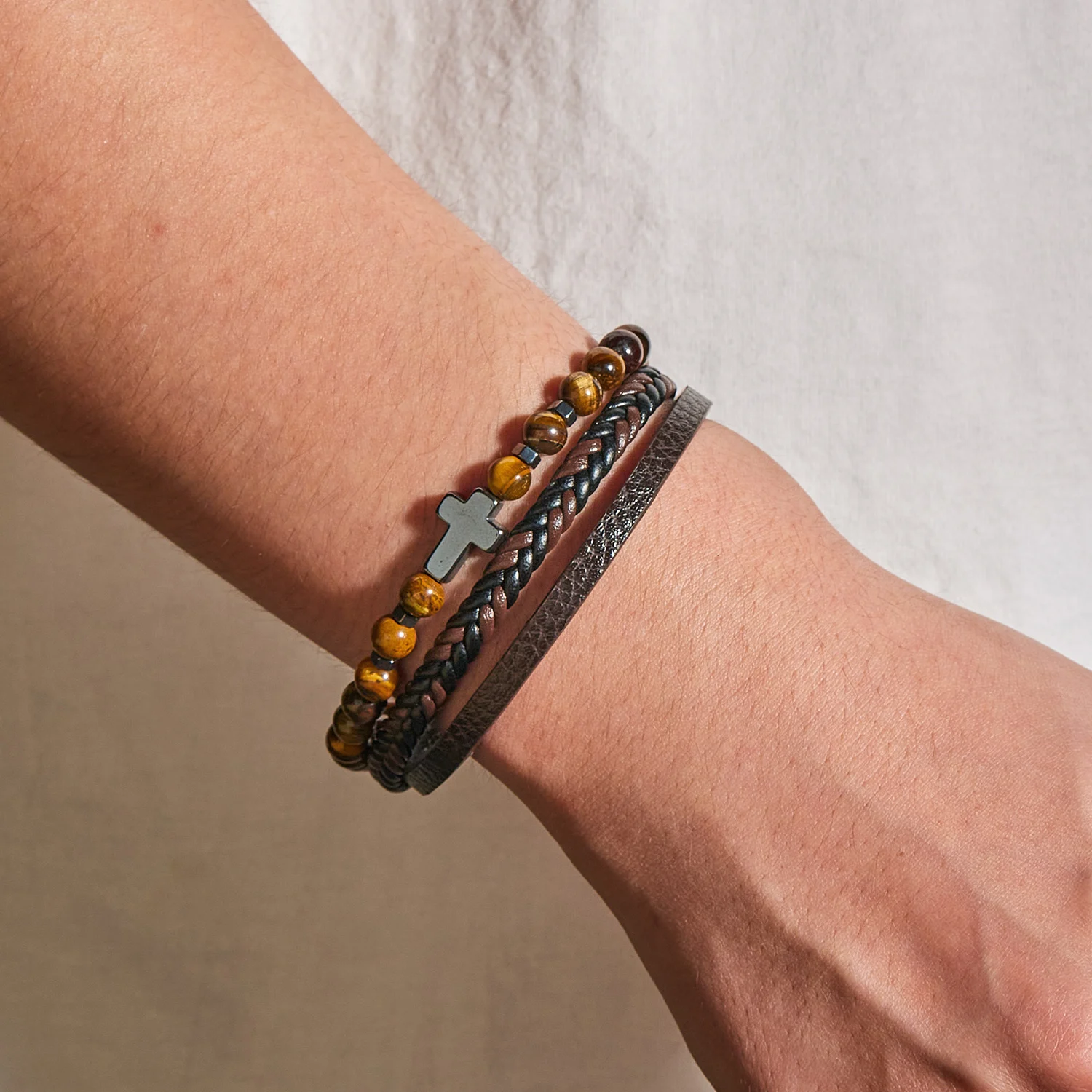 Prayer Men Natural Stone Beads Rosary Cross Bracelets Multilayer Leather Bracelet Women Yoga Meditation Jewelry Homme Pulsera