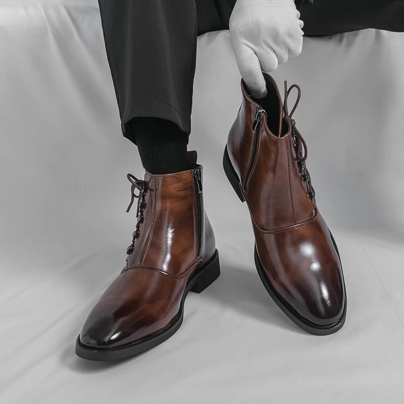 Fashion Brand Men's Business Banquet Personalized Short Boots Autumn New Men's Pointed Side Zipper Comfortable High Top Boots