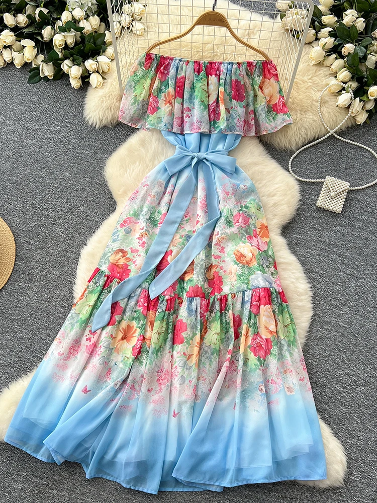 

Women Summer Dress European Style One Shoulder Lotus Leaf Edge Splicing Waist Slimming Elegant Printed Chiffon Dress DS049