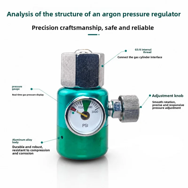 Mini Argon Gas Regulator TIG MIG Welding Pressure Reducator Gas Saver Energy Saving Shockproof Aluminum Alloy PSI Gauge