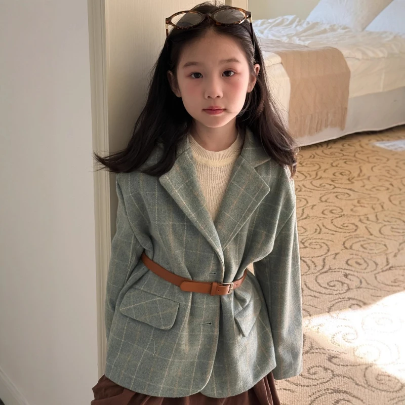 

2025 Autumn Girls' New Checkered Big Collar Woolen Design Sense Suit Jacket