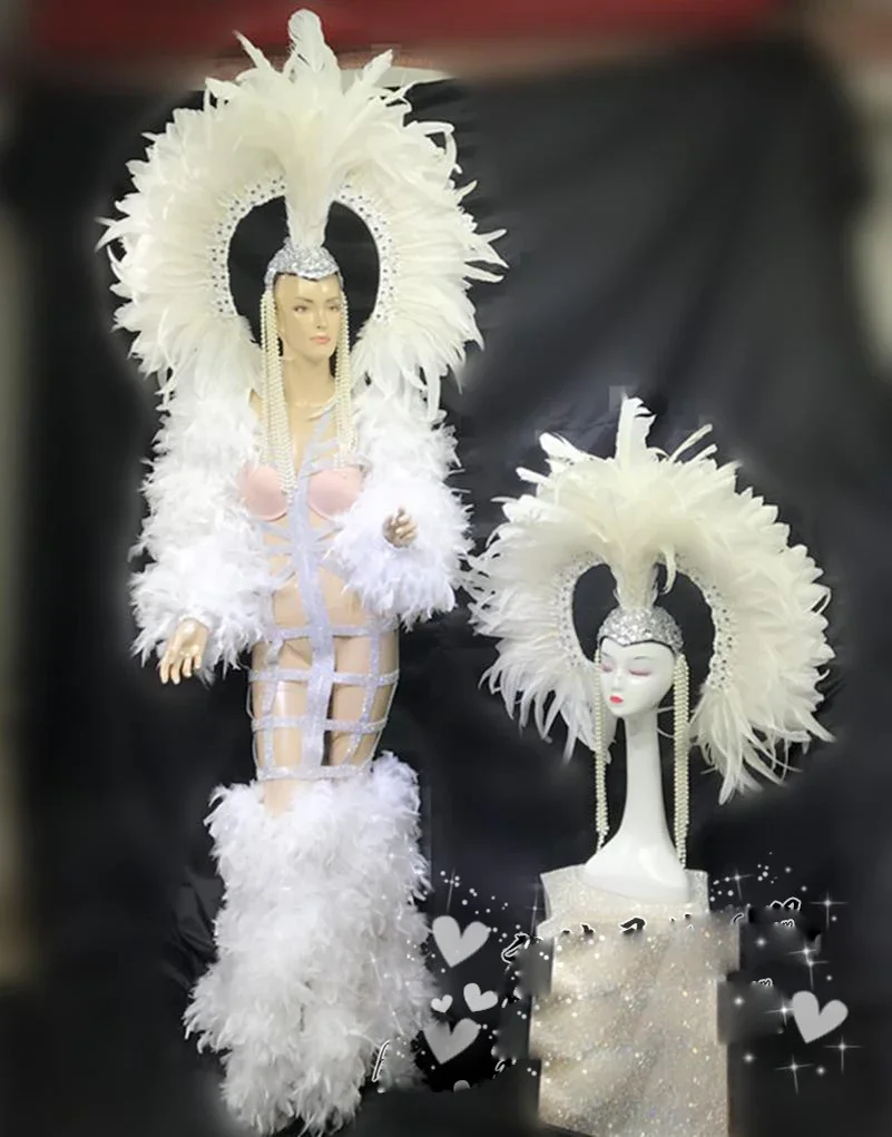 New  hollow tail skirt gogo commercial stage costumes black white feather headdress