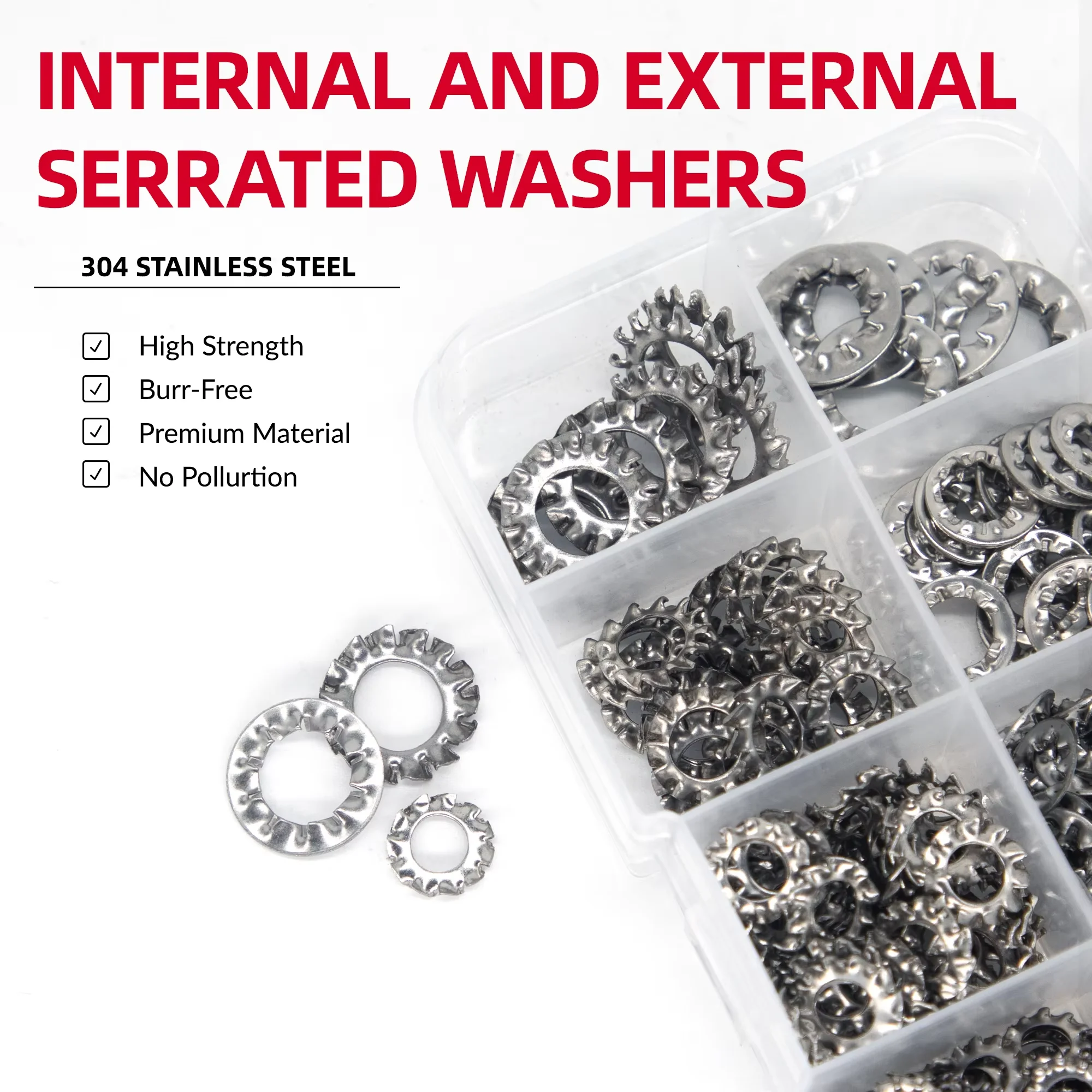 500pcs/Box Mix M3 M4 M5 M6 M8 External Internal Toothed Serrated Lock Washer Gasket Assortment Kit Set 304 A2-70 Stainless Steel