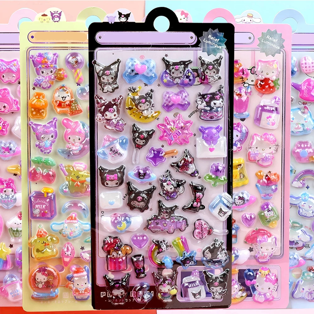 Lichtgevende Leuke Sanrio 3D Relief Stickers Kawaii Meisjes Kuromi Cinnamoroll My Melody Crystal Decals Kids Decoratie Sticker Packs