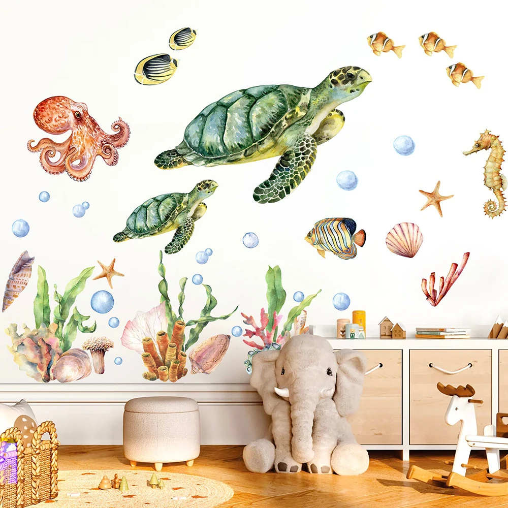 Watercolor Turtle Octopus Wall Sticker Nursery Kids Room Sea World Ocean Coral Sea Horse Wall Decal Bedroom Living Room Decor