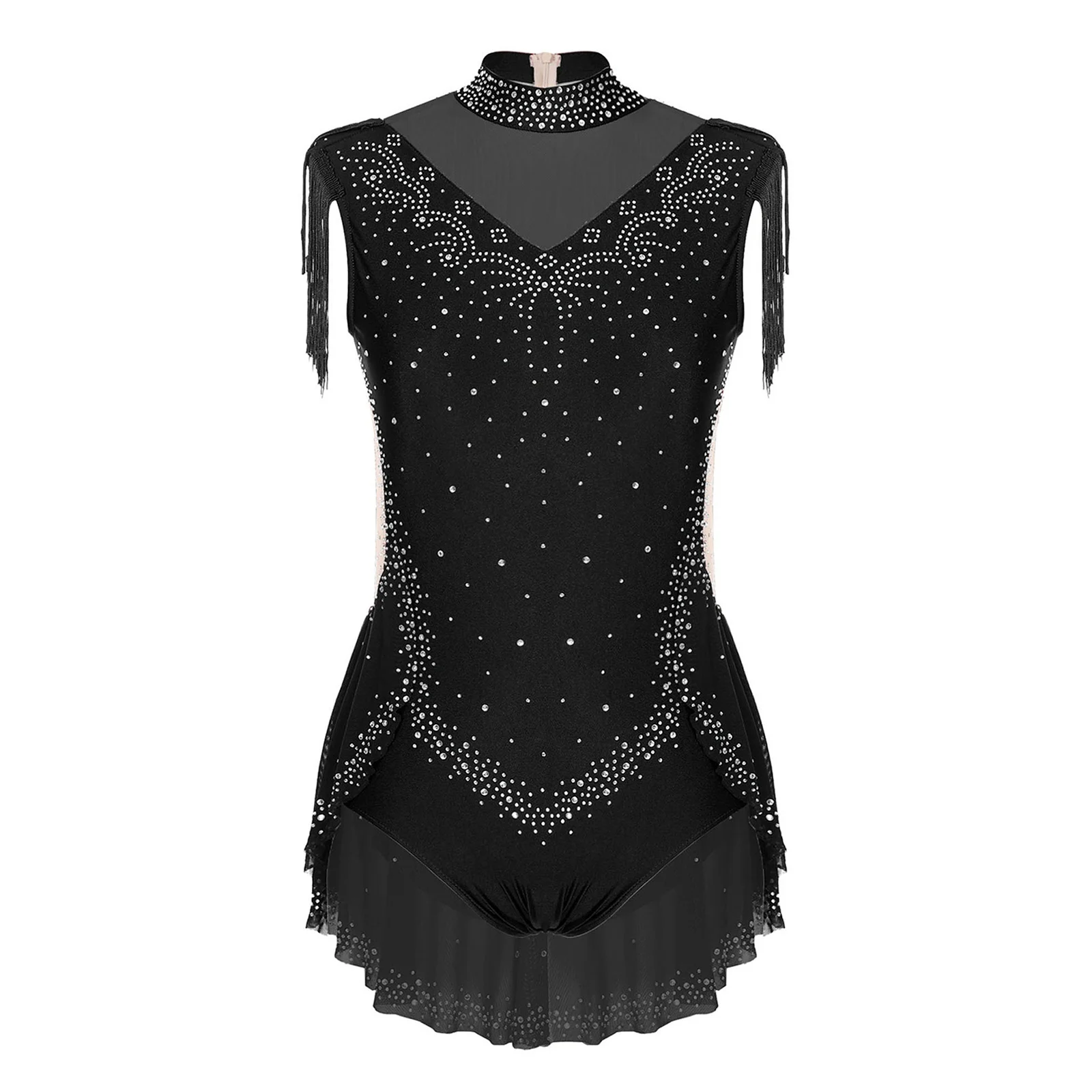 Kids Girls Figure Skating Latin Dance Leotards Ballet Gymnastics Tango Dancewear Shiny Rhinestones Sleeveless Tassel Bodysuit image 3