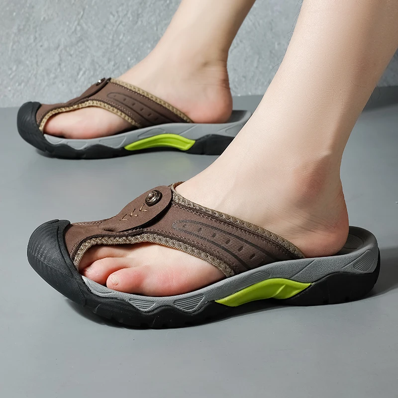 

Men Large Size Leather Beach Slides Soft Sole Comfort Breathable Non Slip Casual Outdoor Holiday Shoes