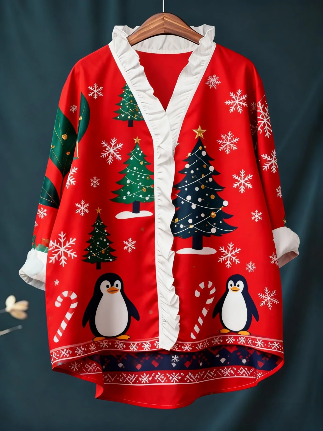 Women's Christmas digital printed long sleeved shirt with ruffled collar, loose fit, versatile 