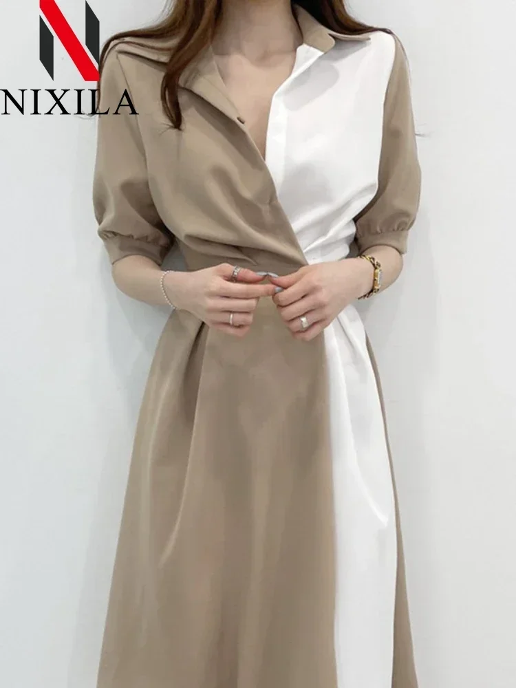 Elegante escritório feminino retalhos camisa vestido vintage a linha midi primavera verão roupas de manga curta para senhoras