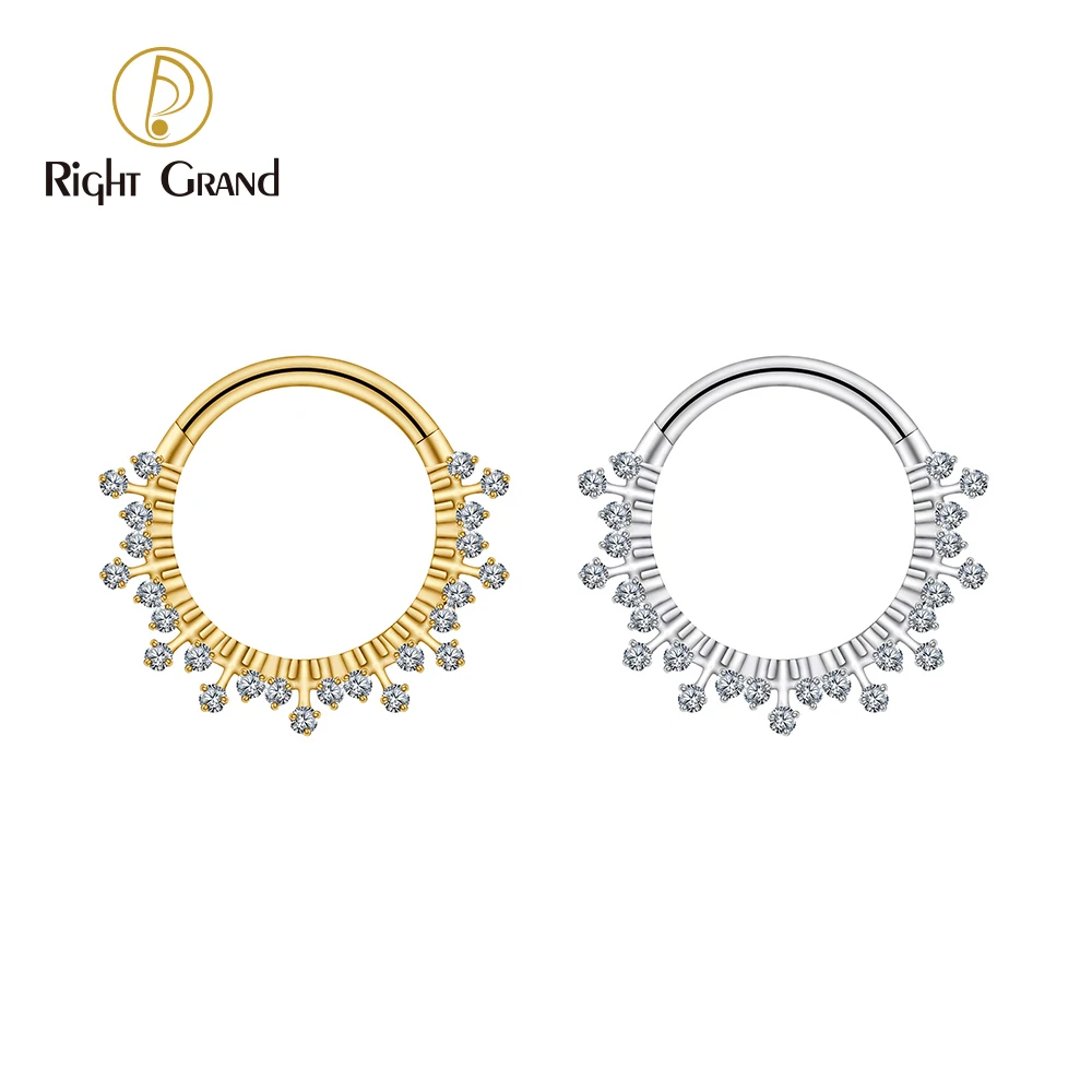 Right Grand ASTM F136 Titanium 16G CZ Hinged Clicker Segment Hoop Ring Sunburst CZ Daith Earring Septem Nose Piercing Jewelry