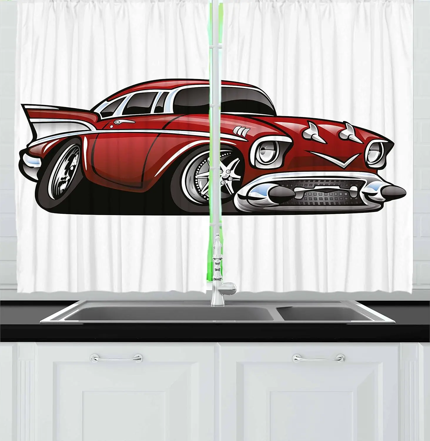 Lunarable Cartoon Kitchen Curtains, Classic Vintage American Muscle Car Old Fashion Famous Graphic Print, Window Drapes 2 Panel