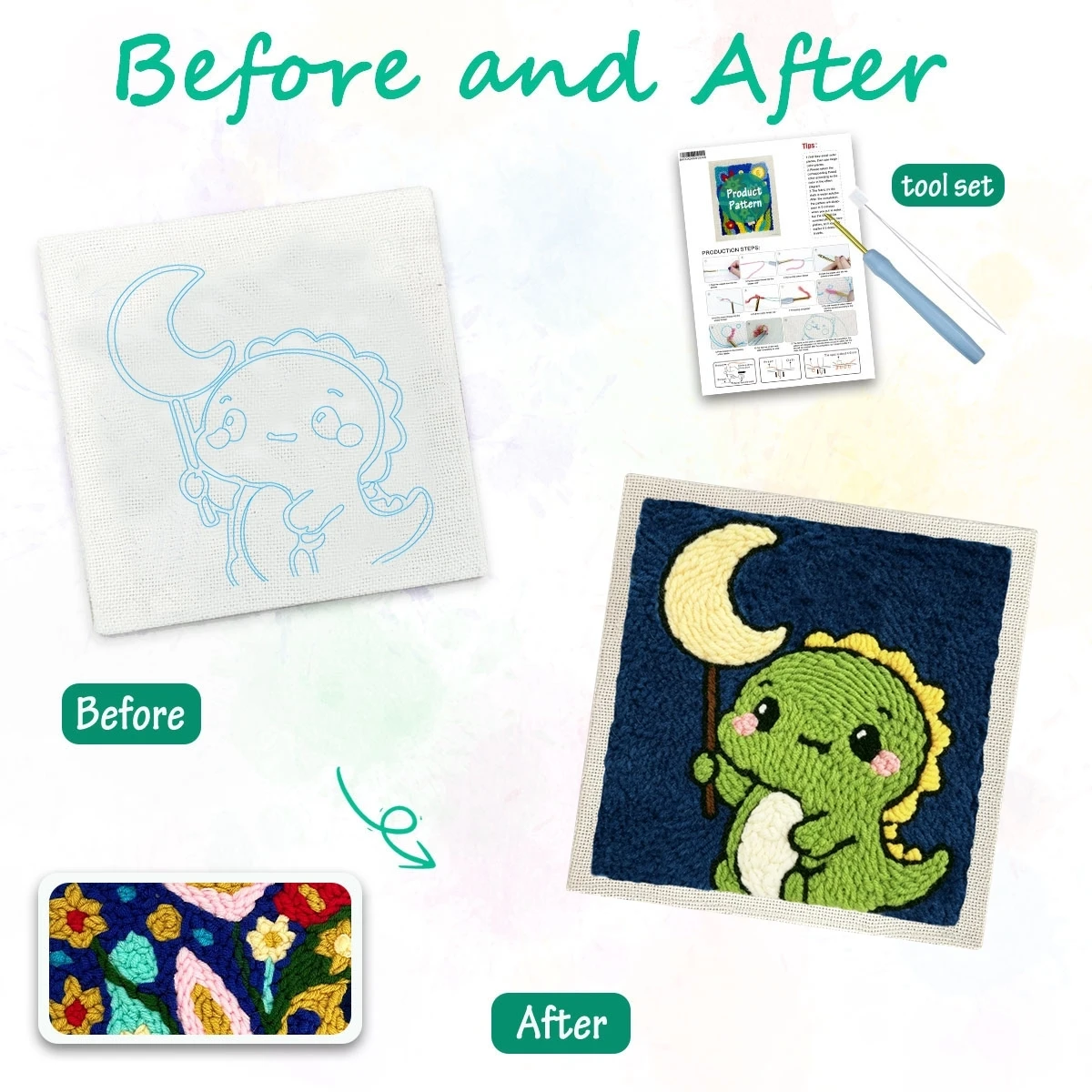 1 Set Dinosaurier mit Mond DIY-Stickset für Anfänger, Stick-Starter-Kit, Kreuzstich-Kunstgeschenk, Handarbeits-Bastelset – Detail 1