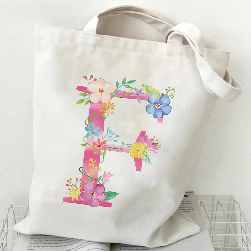 Canvas Tote Bag for Women A-Z 26 Alphabet Pink Flower Handbag Harajuku Shopper Bags Tote Bag Female Reusable Shoulder Bag