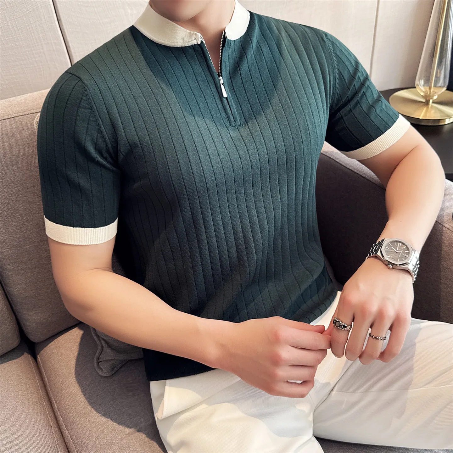Men's Stretch Ice Silk Knit Polo Shirt with Half Zip and Contrast Color Stand Collar Half-zip Color-block Stand Collar T Shirt