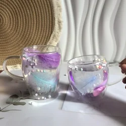 250/350ML Coffee Cup Feather Design Double-layer Glass Mug Heat-resistant Coffee Glass Home Office Yogurt Juice Cup Gift Cup