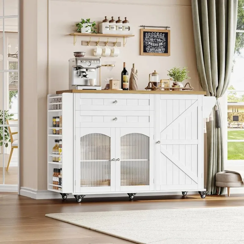 Kitchen Island with Storage, Rolling Kitchen Island on Wheels with Wood Drop Leaf Countertop, Island Table Bar Cart with Spice