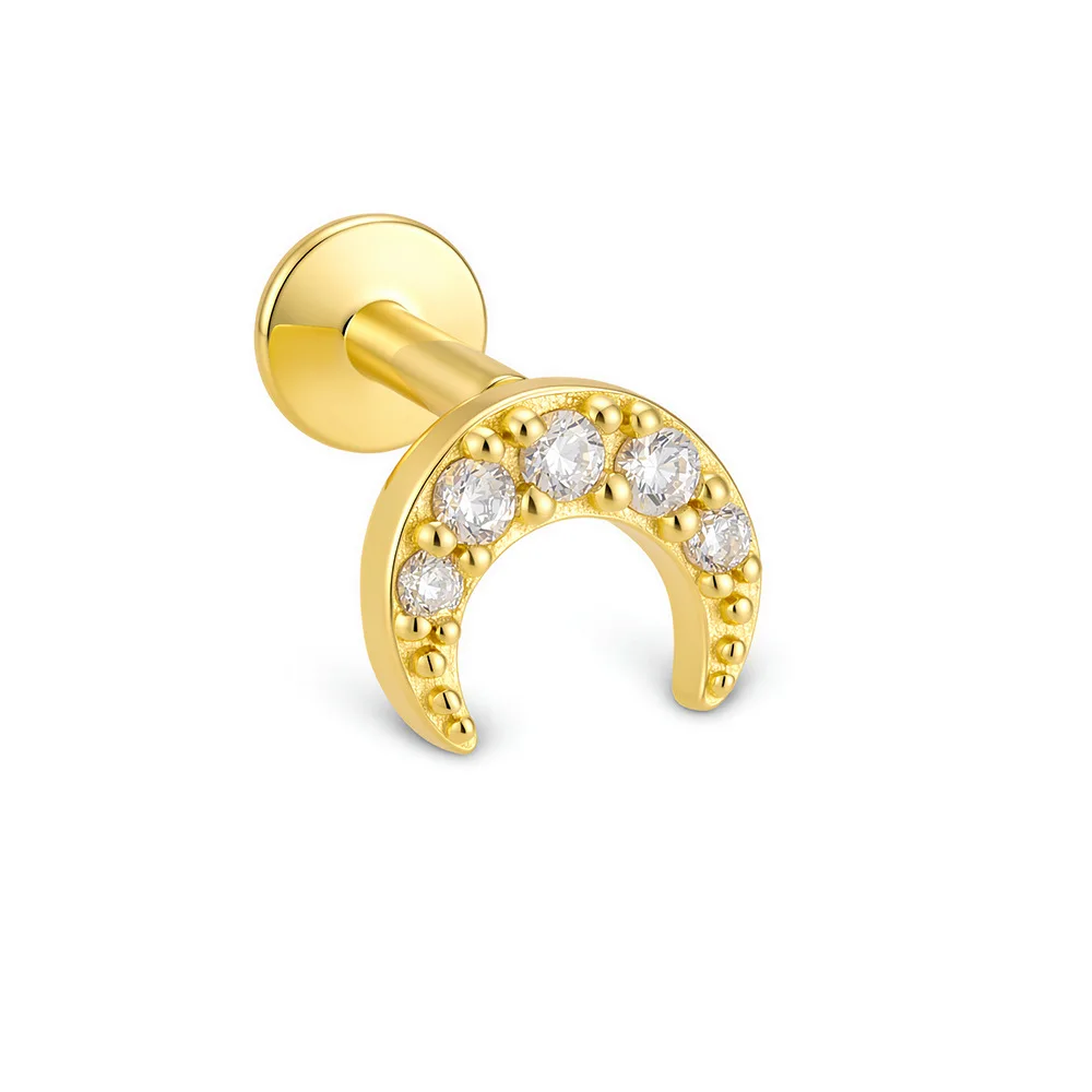 Dave&di S925 Pure Silver Moon Set With Diamonds Flat Bottomed Cartilage Spiral Puncture Earring European And American Cross-b