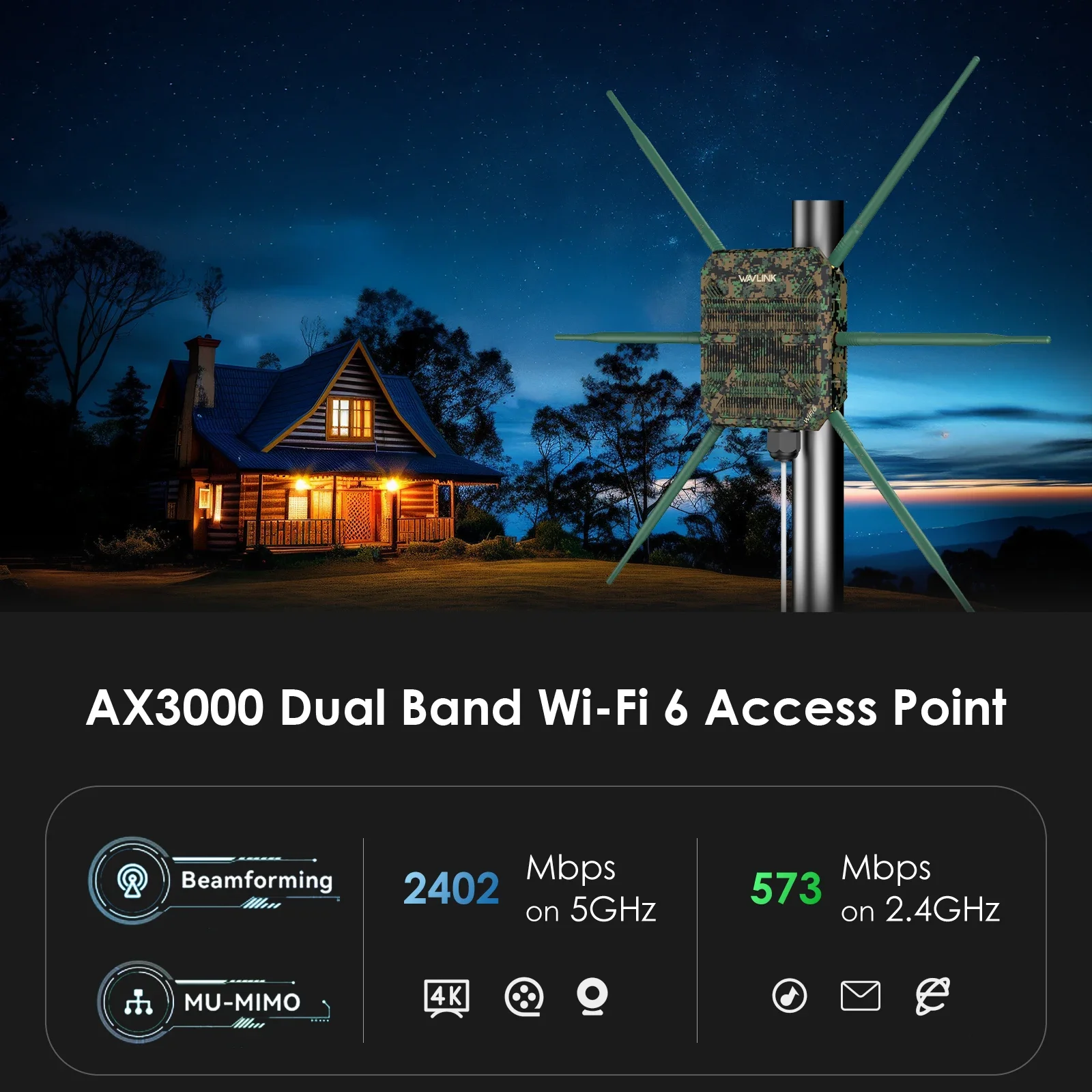 Roteador wi-fi6 sem fio para exterior, banda dupla 2.4g + 5g ax3000, extensor repetidor wi-fi com poe/6x7dbi, antenas de alto ganho/ip67