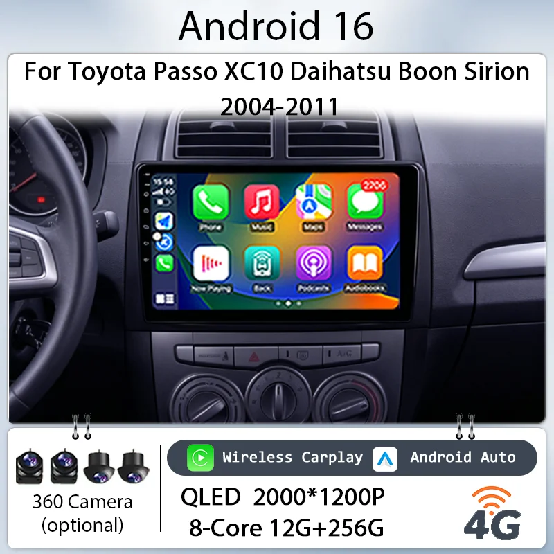 

10" IPS HD Touch Screen Player, Android 16 Wireless CarPlay GPS for Toyota Passo XC10 Daihatsu Boon Sirion 2004-2011 Car Stereo