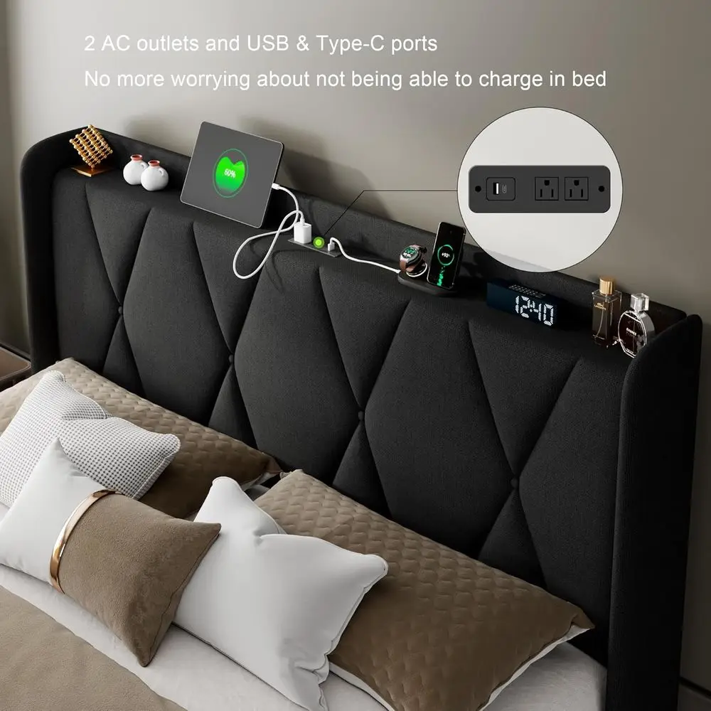 Черная мягкая кровать размера «queen-size» с 4 ящиками, зарядная станция, дизайн со спинкой, деревянная опора для планок, без коробчатой пружины, простая сборка