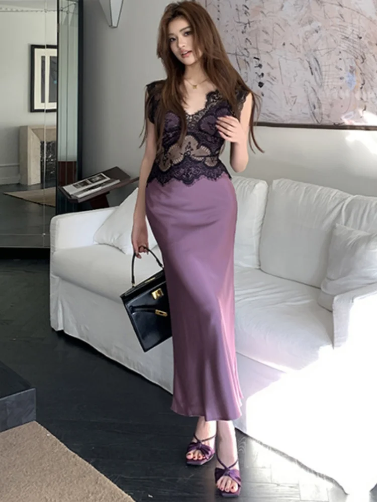 春夏新作ライト高級痩身レーススプライシング中空アウトドレス女性のためのハイウエストノースリーブ V ネックマーメイドドレス