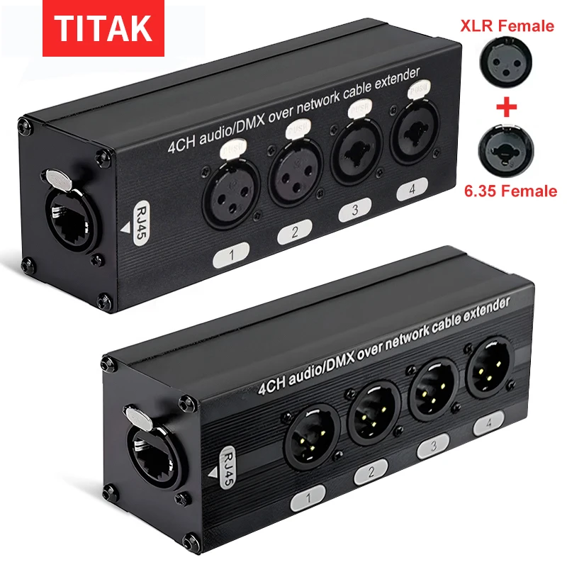 RJ45 CAT5 to 4 Channel 3Pin XLR/DMX Audio Extender DMX512 Network Signal gilding Extender For Live Stage, Audio Recording Studio