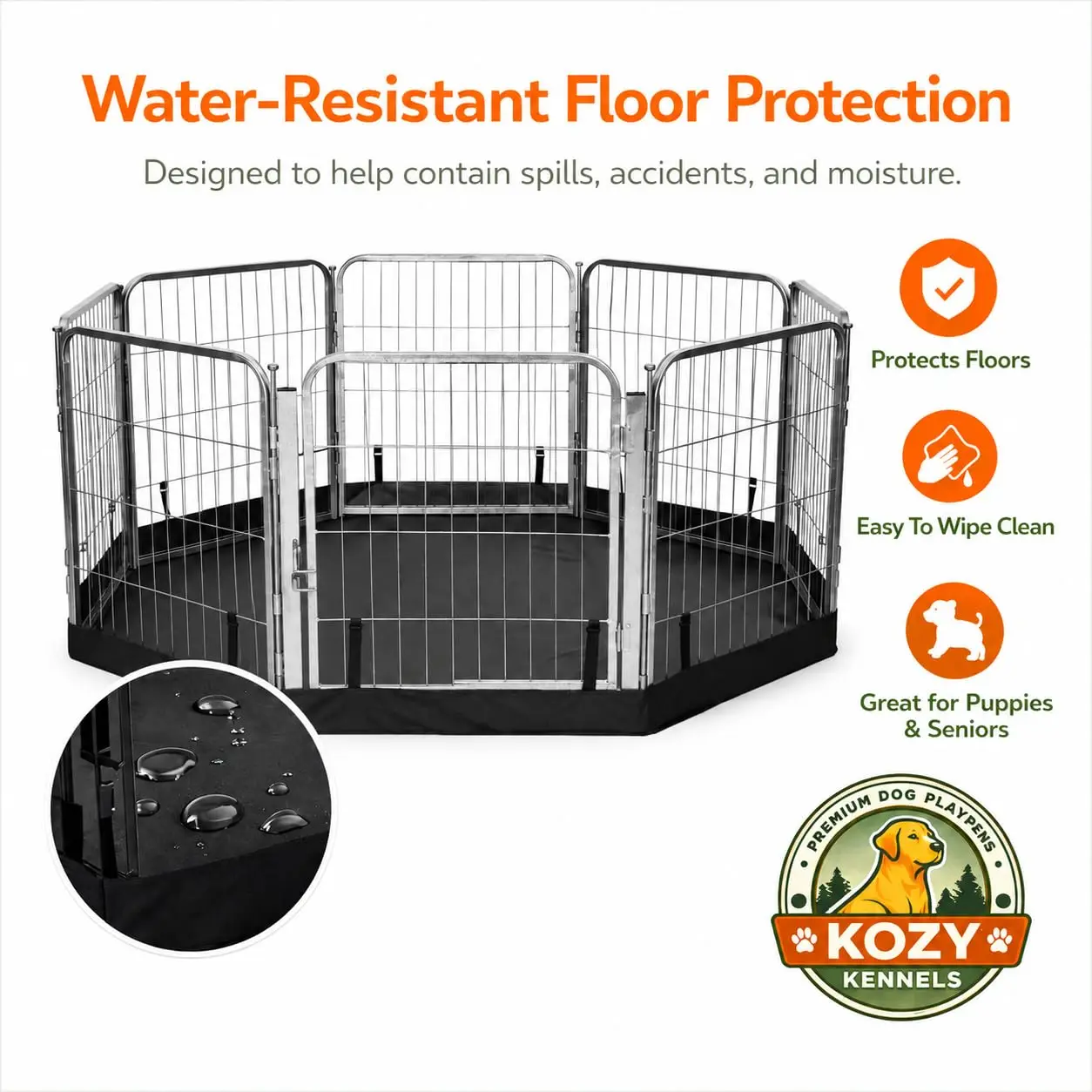 Dog Playpen w/Octagon Bottom Floor Cover - 24 inch, 8 Panel Portable Grey Metal Pet Play Pen for Small Dogs & Puppies - Indoor