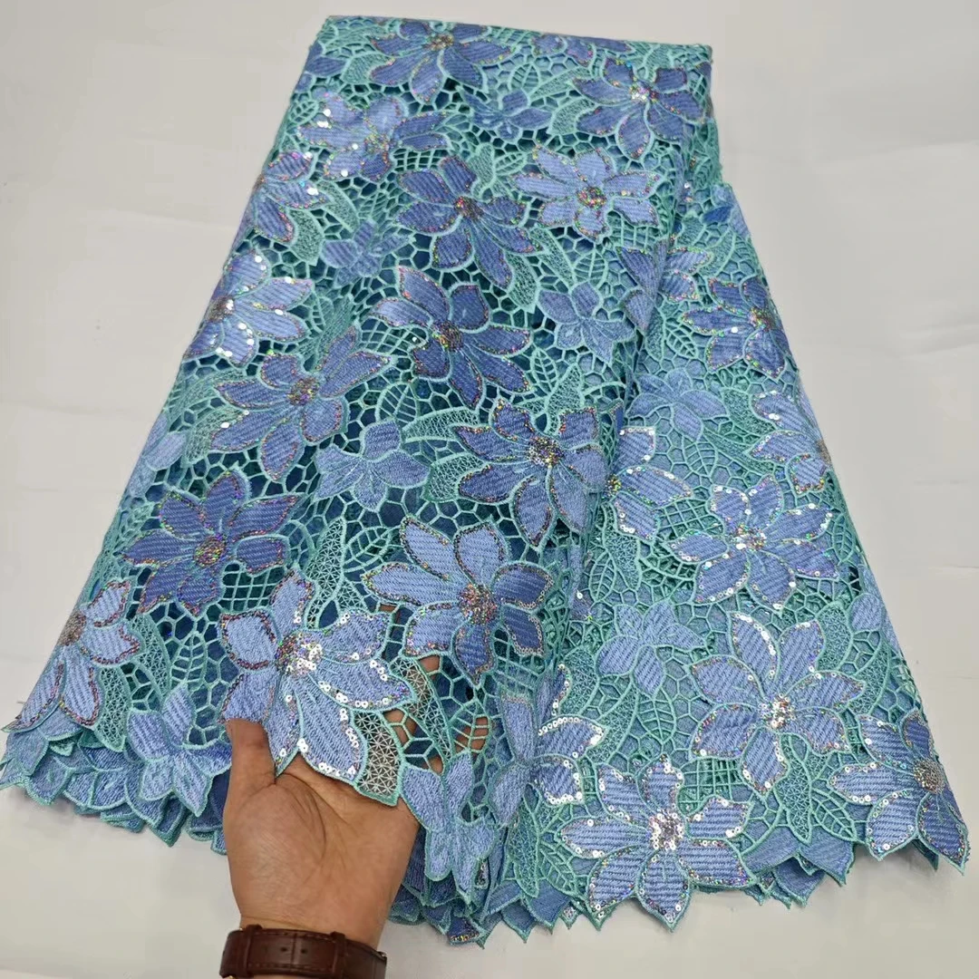 Latest Royal Blue African Water Soluble Lace Fabric With Sequins 2024 French Nigeria Guipure Cord Lace Fabric For Dress KHD24149