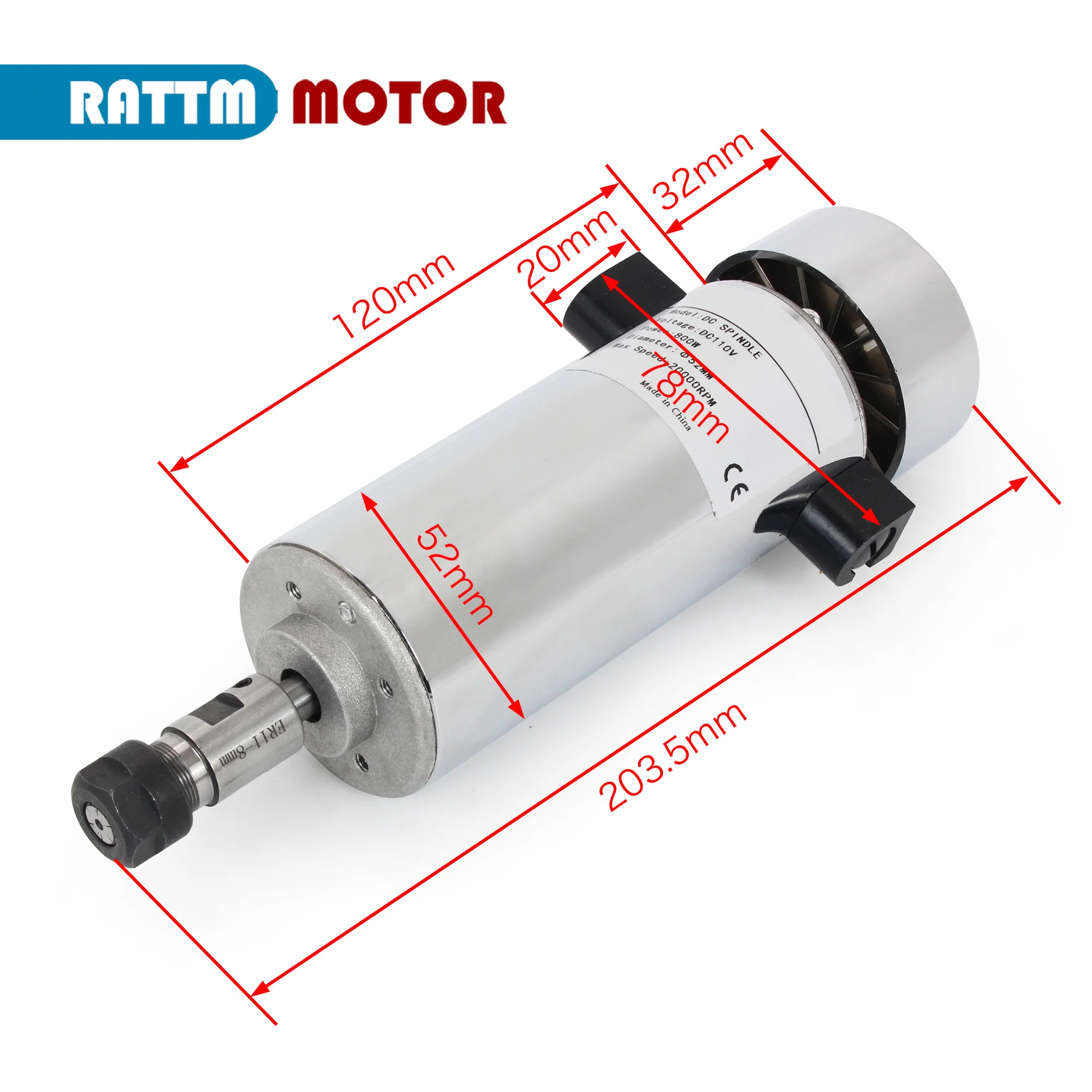 800W ER11 CNC DC Air Cooled Spindle Motor Kit 52mm 20000RPM + Speed Controller Governor with Power Supply 110V / 220V