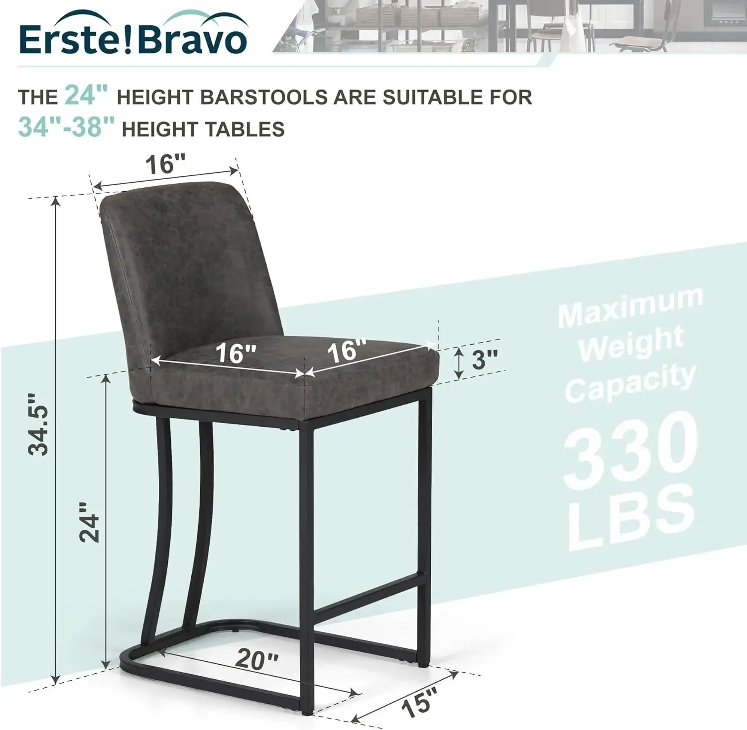 Erste!Bravo Grey Counter Height Bar Stools with Back Set of 2 for Kitchen Counter 24 Inch Faux Leather Upholstered