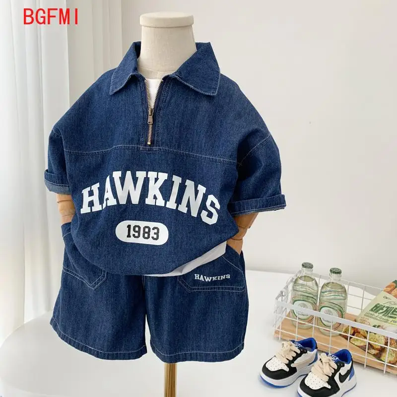 Boys Cotton Summer Suit 2026 New Baby Fashion Print Clothes Children Korean Handsome Short-sleeved Shirt + Denim Shorts 2pcs Set