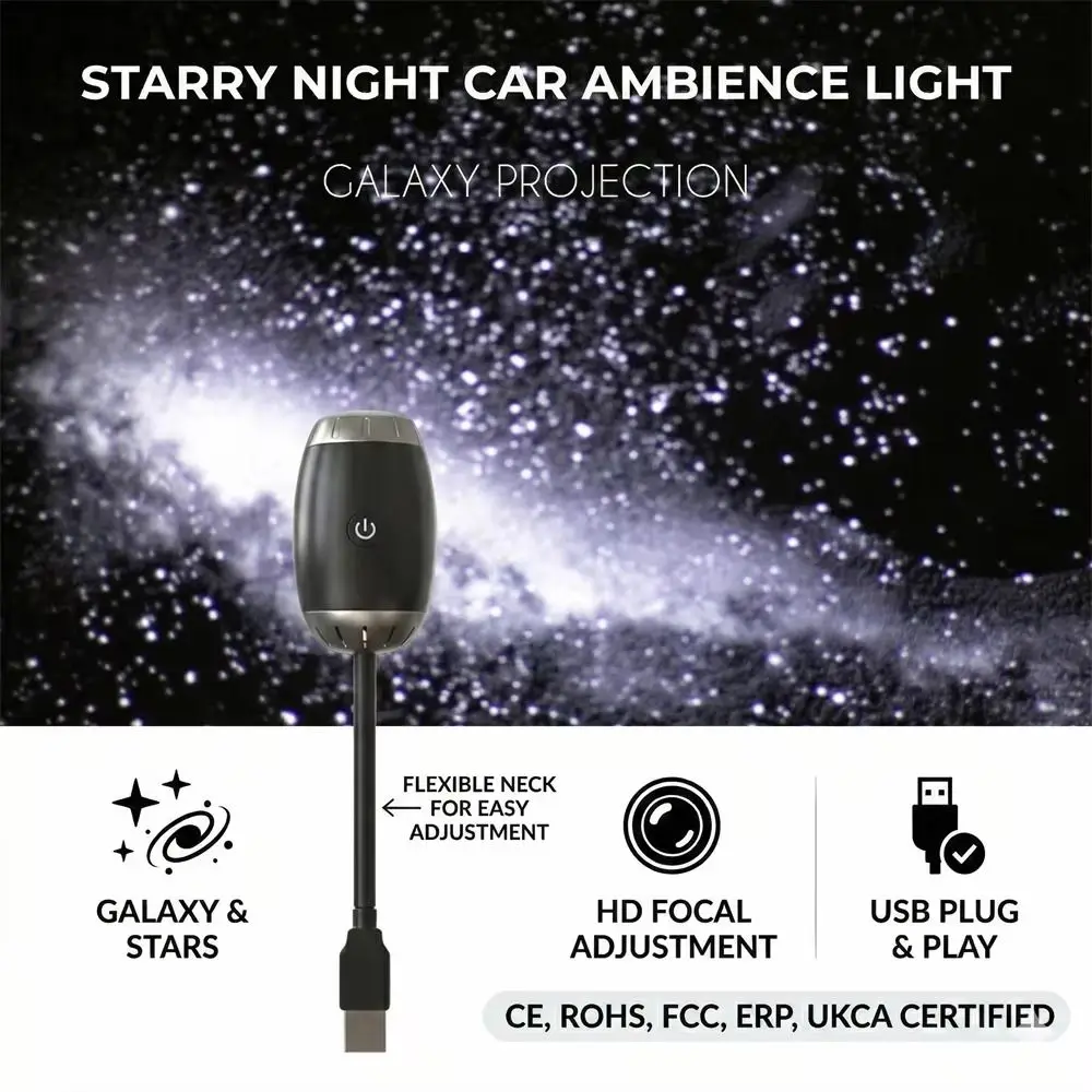 USB Powered Car Atmosphere USB Projector Light Plug and Play Large Range Galaxy Projector Lamp Jellyfish Adjustable Focus
