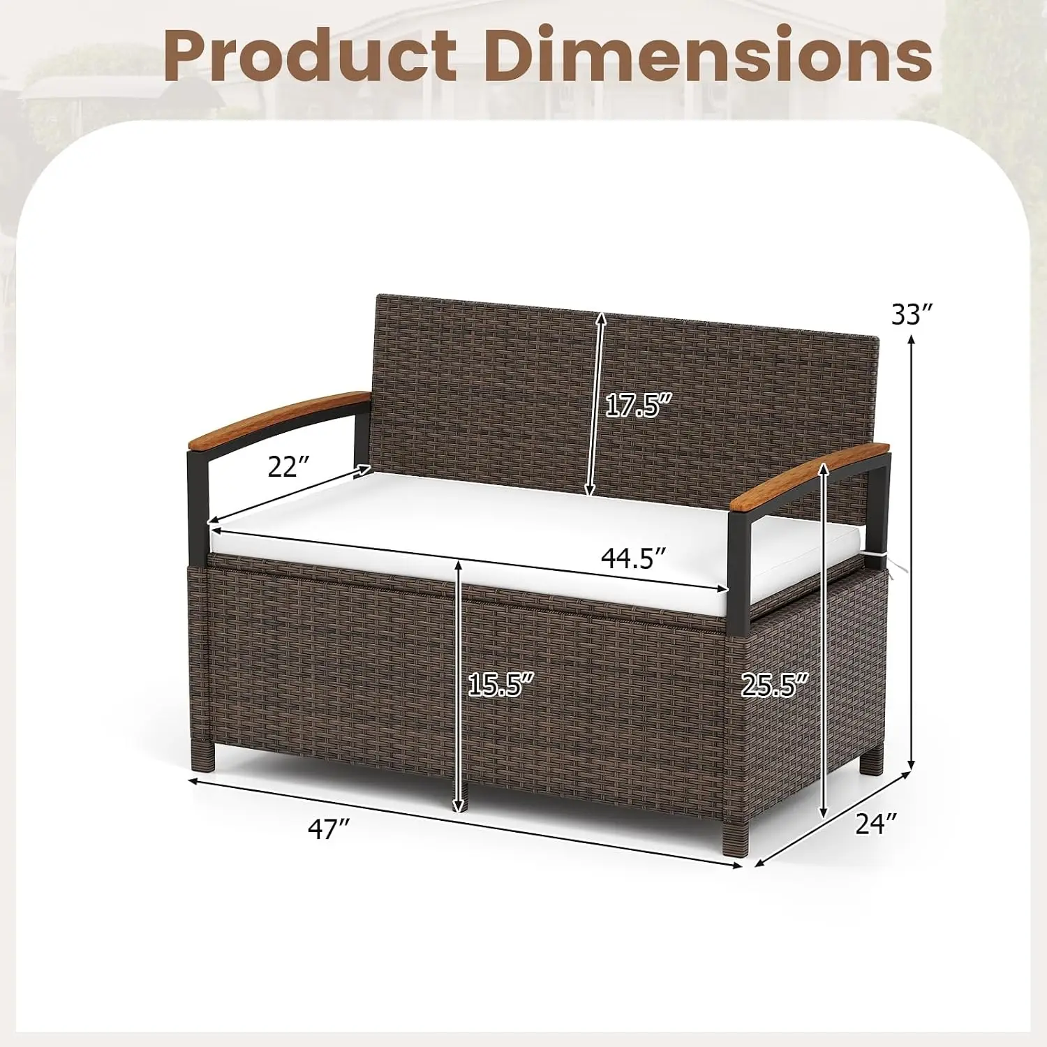 46 Gallon Outdoor Storage Bench, PE Rattan Deck Box with Cushion & Backrest, Acacia Armrests, Metal Frame, Customized