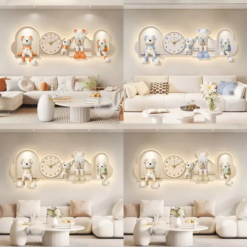 Cartoon Bear Wall Clock Decorative Painting Luminous Wall Art for Living Room Sofa Background Bedroom Home Decoration