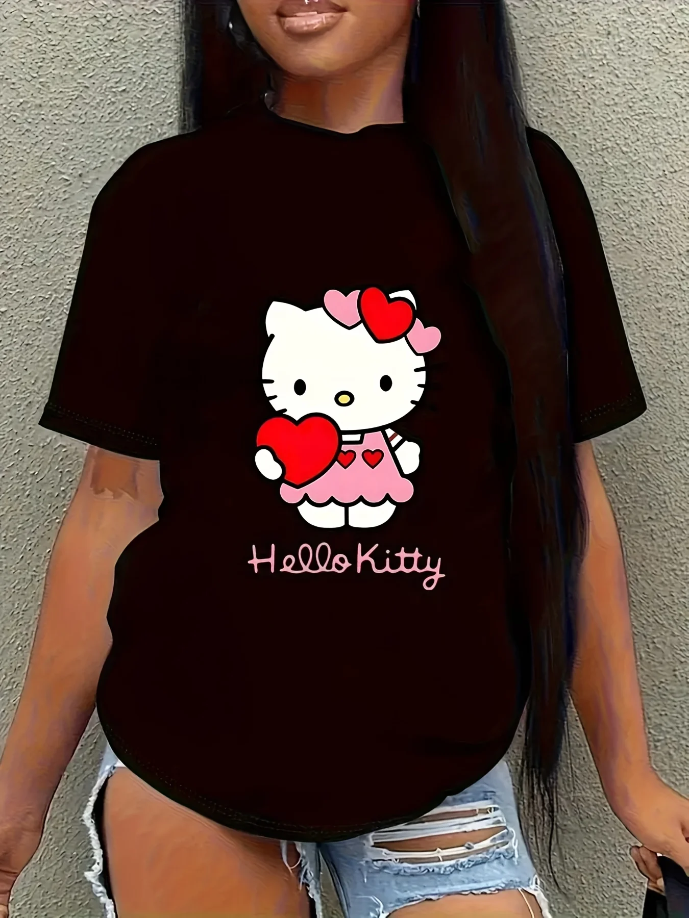 

Женская летняя футболка с рисунком розового сердца и Hello Kitty в милом стиле кавай, из 100% чистого хлопка, мягкий материал.