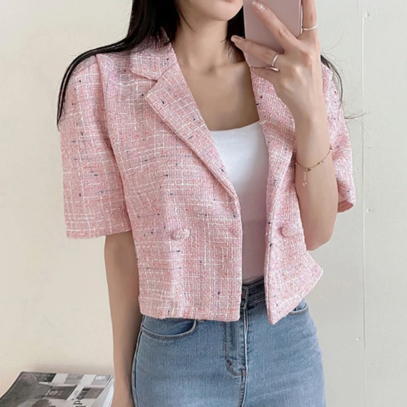 Chic Temperament Small Perfume Suit Collar Double Row Two Buttons Loose Bubble Sleeve Tweed Short Jacket