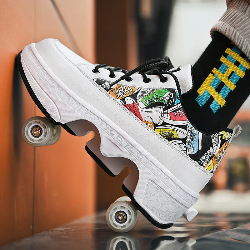 Verformung Rollschuhe Schuhe zweireihig 4-Rad Skates Rollschuhe mit Rädern Dual-Purpose Roller Sneakers Skateboard Schuhe