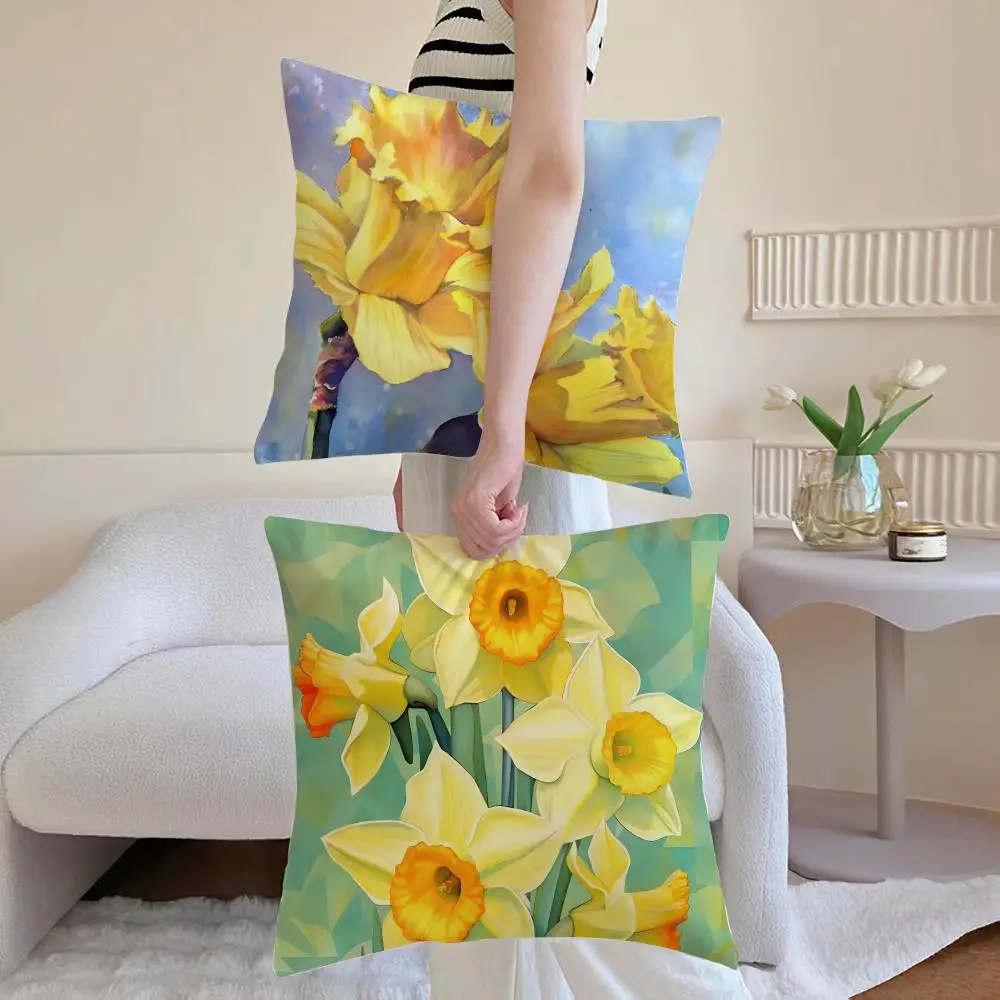 Spring Floral Symbols Daffodil Narcissus Cushion Cover Washable Linen Pillowcase Soft  for Daily Sofa Bed Home Room Decor