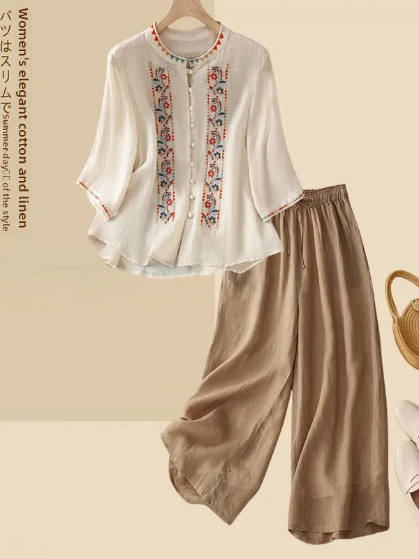 

Summer Cotton Linen Wide Leg Pants Casual Set Women Faionable New Chinese Retro Embroidery Top Two Piece Set Nine Point
