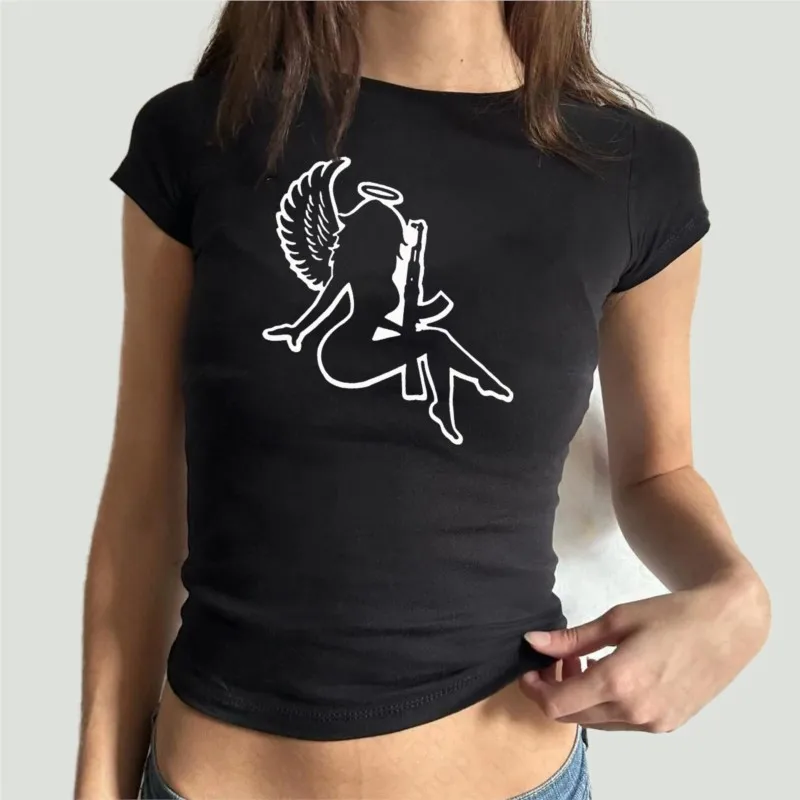 Y2k Aesthetics Retro Crop Tops A Girl Flapping Her Wings Print T-Shirt Harajuku Girl Short Sleeve Summer Goth Leisure Streetwear