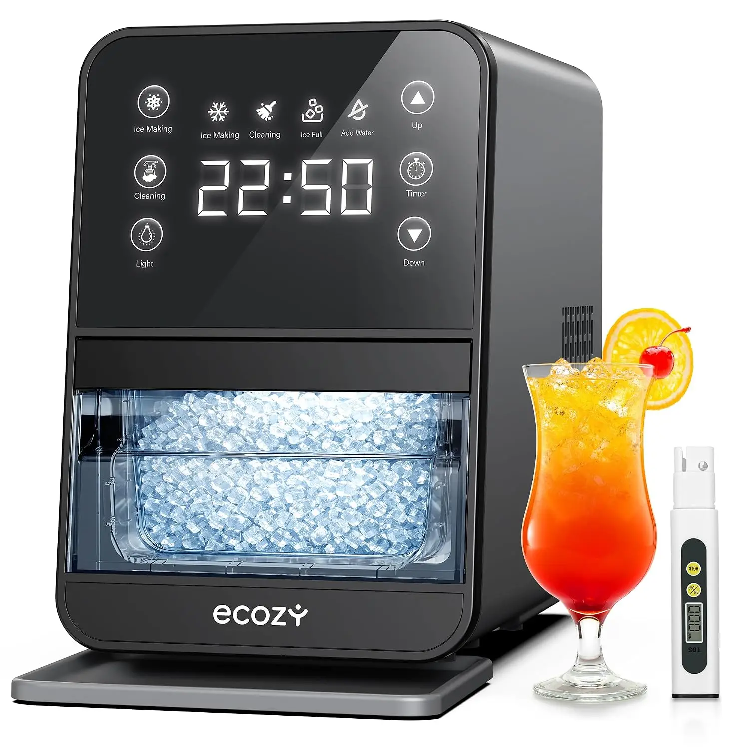 Nugget Ice Maker Countertop, 40Lbs/Day Chewable Pebble Ice, TDS Meter